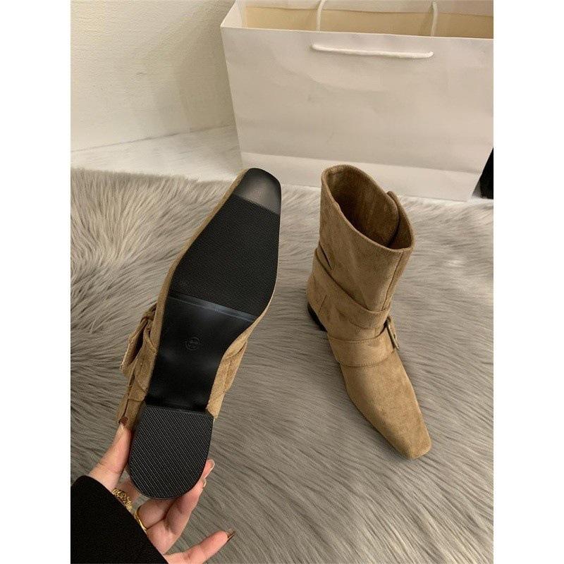 Korean Version Retro French Short Boots Small Square Head Western Boots Medium Boots Women'S Boots