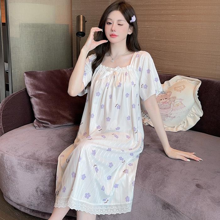 5XL Plus Size Women's Nightgowns Summer Pajamas Korean Style Bubble Short Sleeve Sleep Dress Soft Comfotable Loungewear