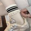 American European Style Lace Cuffed Striped Socks Women'S Early Autumn Lace Sweet Internet Celebrity Middle Tube Pile Socks