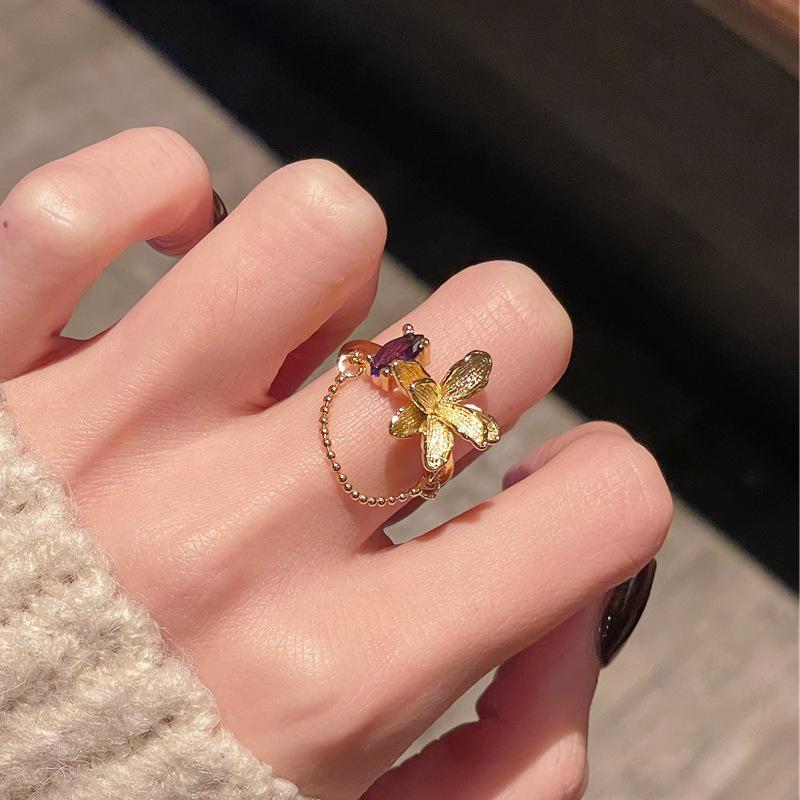 Medieval French Retro Nine Purple Off Fire High-End Purple Zir*****Pen Ring Wheat Ear Flower Accessories Women