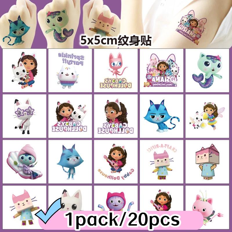 Cartoon 20PCS Cute Gabby Dollhouse Cats Tattoo Stickers Kawaii Anime Children Waterproof Tattoos Sticker Pack Kids Girl Gift Toy