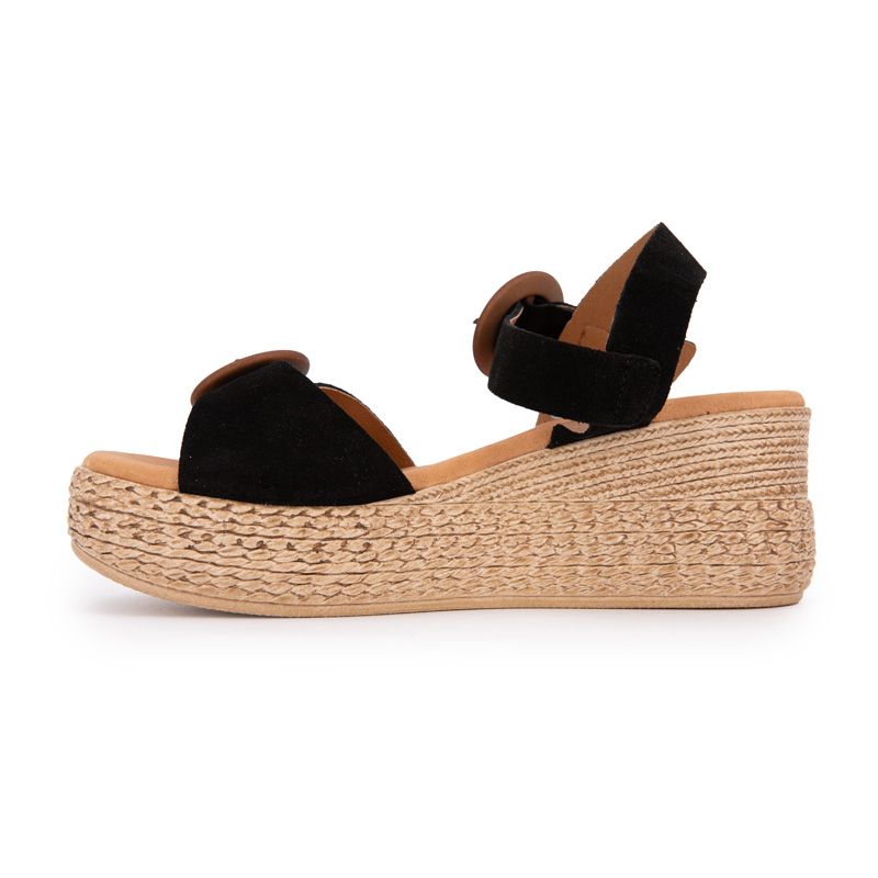 Sandales noires compensées en cuir double boucle bois Femme BIOSTOCK