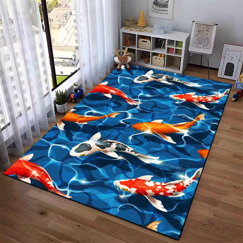 Colorful Koi Fish Carpet with Blue Water Design, Modern Home Decor Suitable for Use As an Anti-slip for Living Room Bedroom Sofas