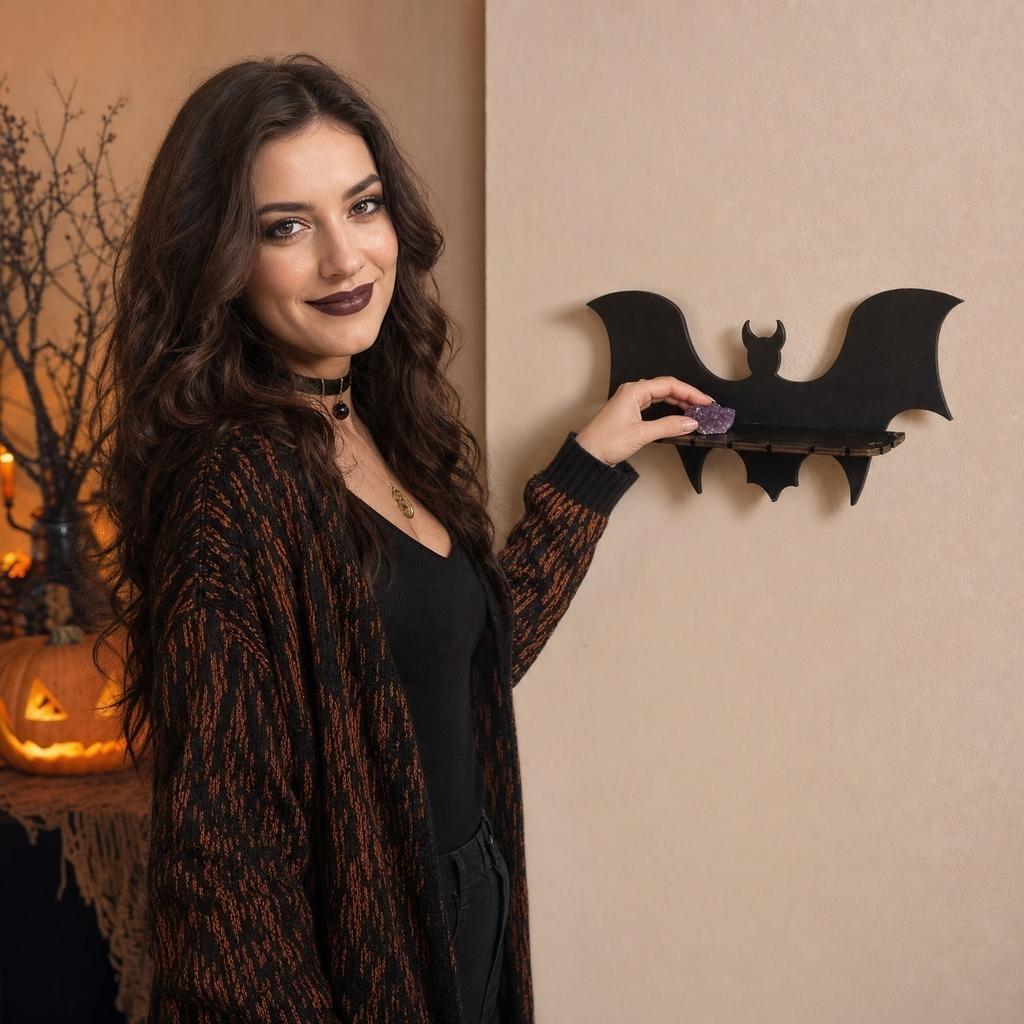 Wooden Wall Mounted Display Shelf Bat Shape Design Decorative Storage Rack for Seasonal Home Organization and Display