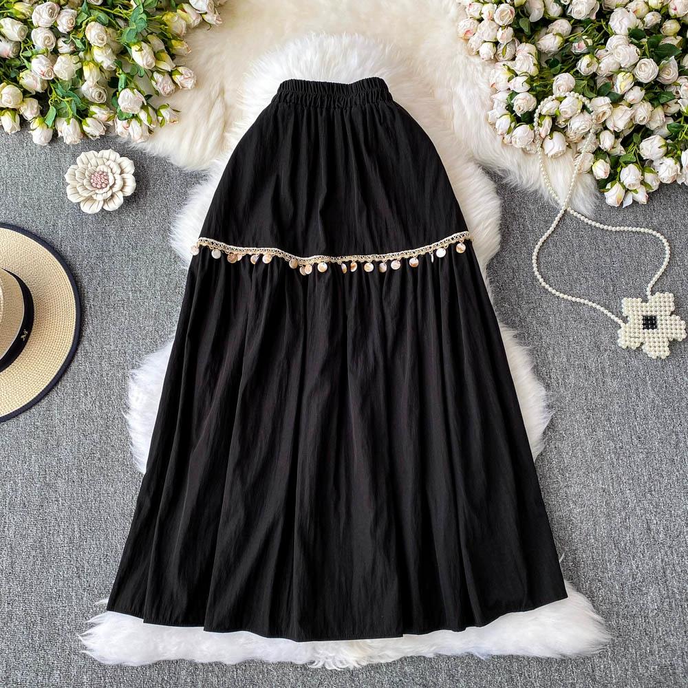 

DIMANAF 2025 Summer Women White Skirts Lace Vintage Elastic Pleated Elegant Skirts New High Waist one size чёрный