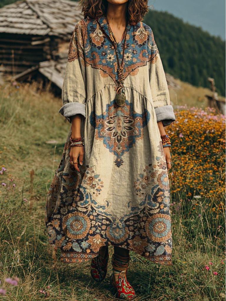 Retro Böhmisches V-Ausschnitt Ethnisches Stil Kleid - Europäischer & Amerikanischer Lässiger Lockerer Schnitt