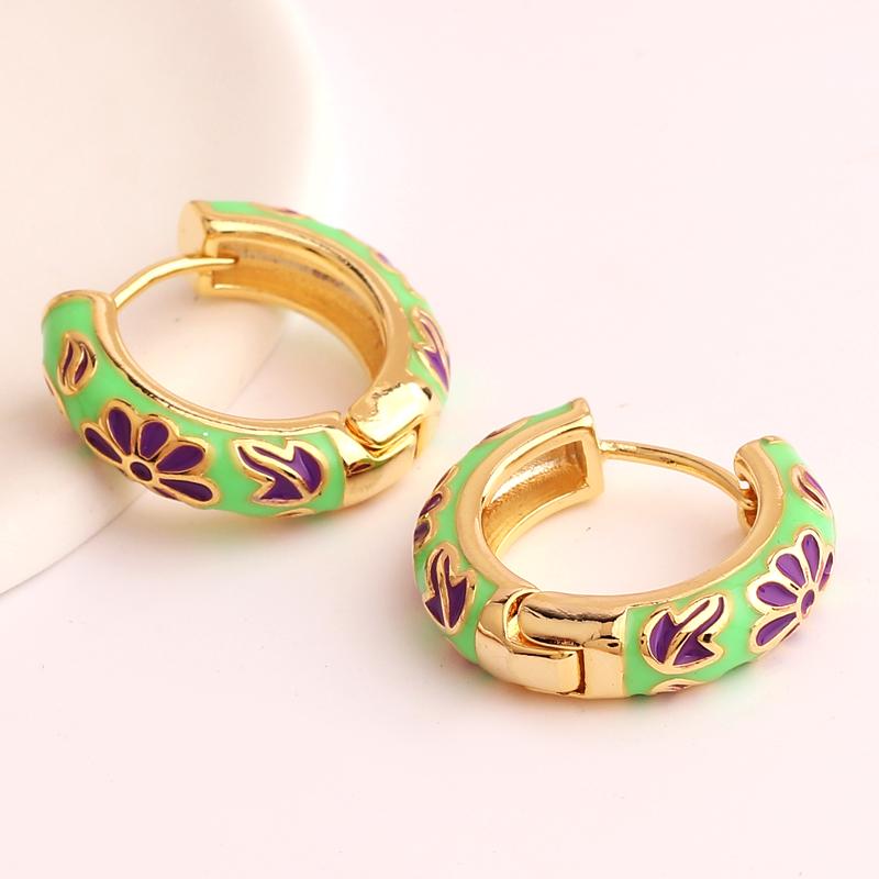 Vintage Enamel Flower Chunky Hoop Earrings For Women Retro Metal Geometric Circle Small Statement Earrings Party Jewelry Gift