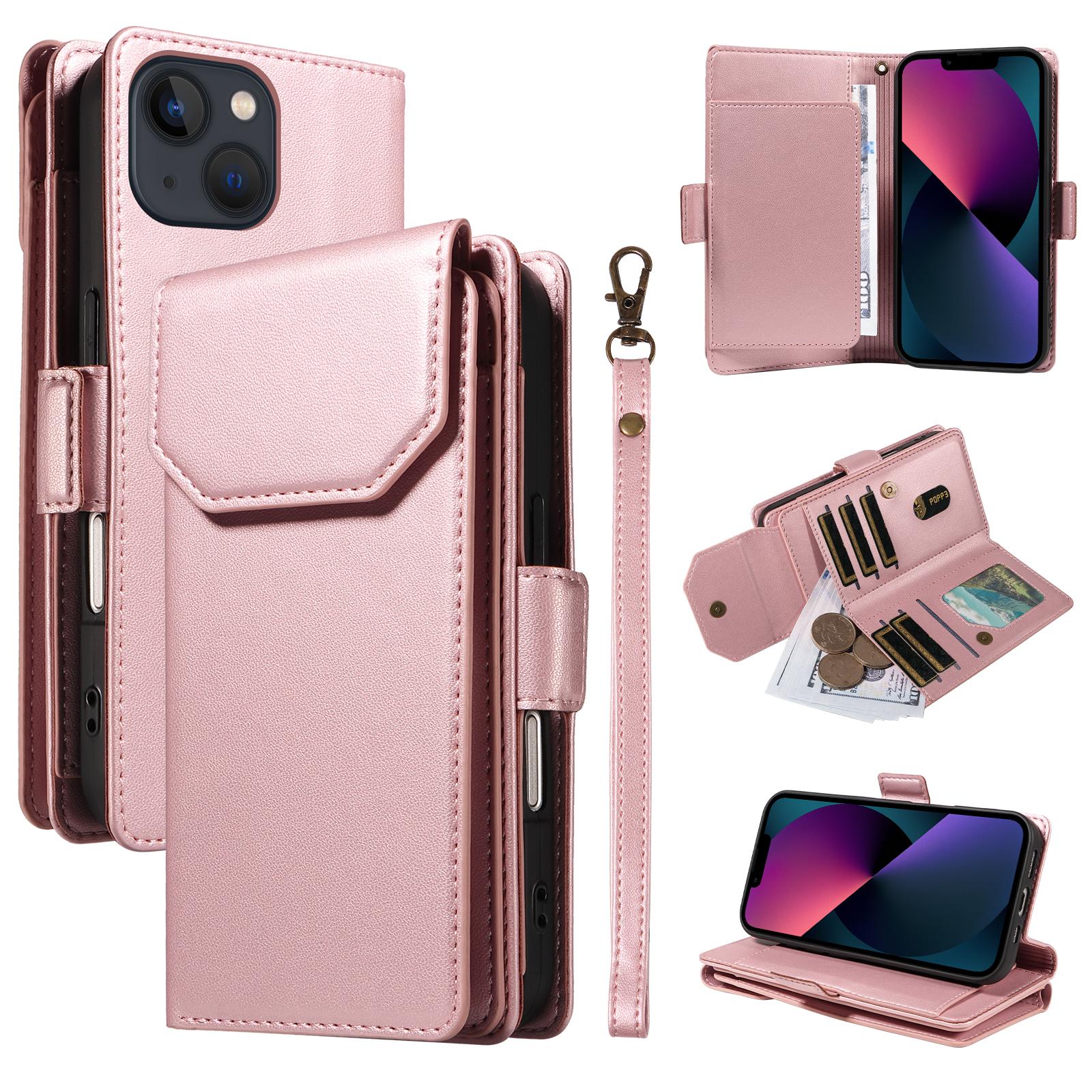 

For iPhone 14 Plus Case with Multi-Card Holder and Strap PU Leather Phone Cover Stand Rose Gold