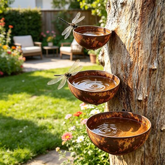 3Pcs/Set Metal Bird Baths Retro Wall Mounted Bird Bath 6cm 8cm 10cm Wild Bird Bath Feeder for Garden Backyard Outdoor Decor