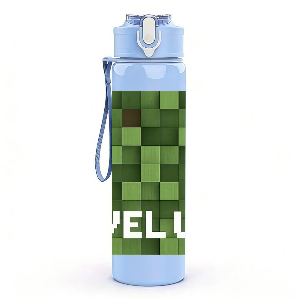 1PC Level Up Block Game Pattern 750ml Color Plastic Sports Water Bottle Leakproof Flip Straw Lid Suitable for Sports Office Home Use