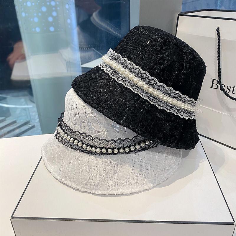 Spring and summer breathable retro pearl bucket hat women's breathable fashion versatile lace basin hat shopping sun hat versatile