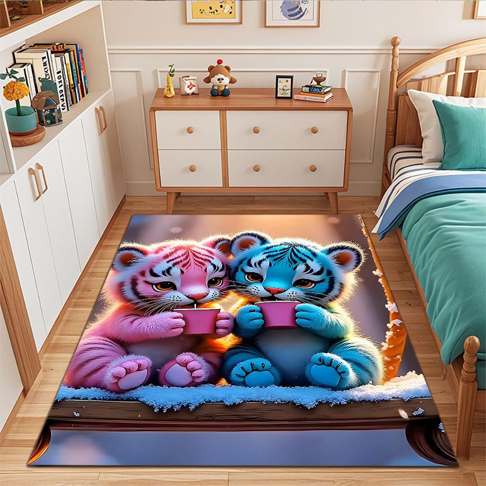 Colorful Tiger Cubs Sipping Tea Patterned carpet, suitable as a non slip play mat for the living room and bedroom sofa