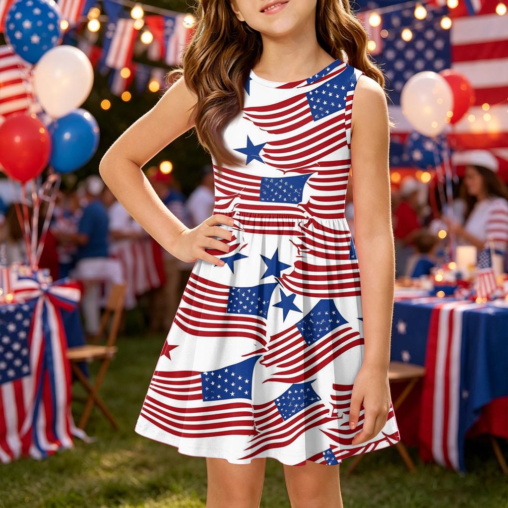 Girls Sleeveless Dress Independence Day Patchwork Pattern Casual A-Line Dress Summer Kids Party Dress