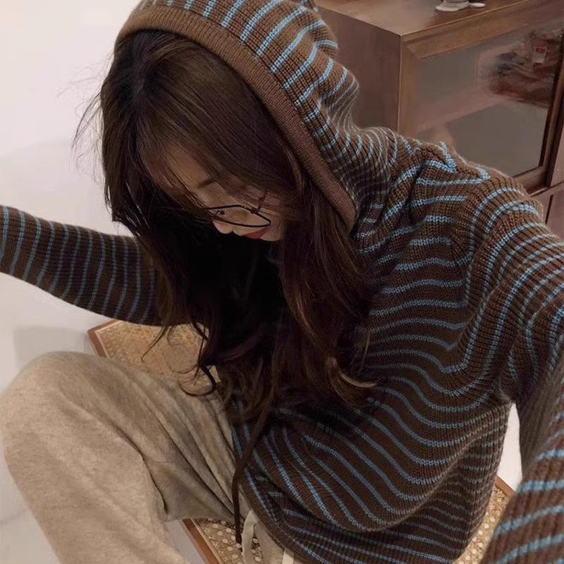 2024 A/W Striped Vintage Knit Hooded Sweater Coat