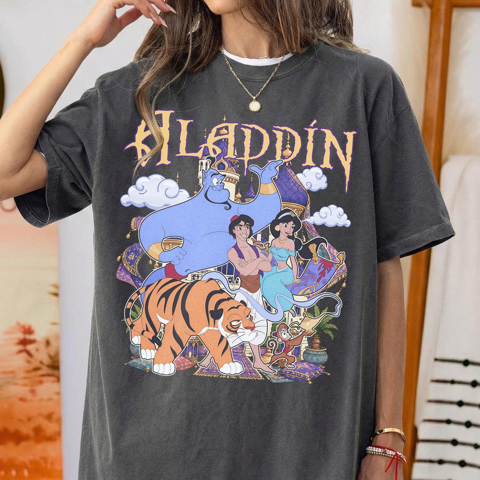 Disney Aladdin Characters Shirt, Jasmine Genie Abu Rajah Tee, Magic Carpet Family Trip Top 2XL