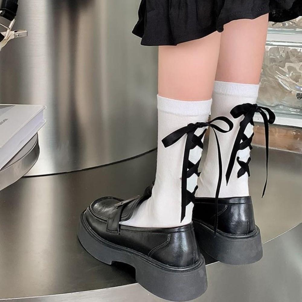 Cotton Japanese JK Bow Socks Thickened Lolita Style Cute Warm Socks Comfortable Black White Strap Bow Tie Stockings Ladies