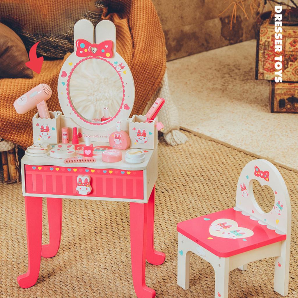 Kids Makeup Table Set Cartoon Pattern Vanity Dressing Table Makeup Accessories Pretend Play Toy Makeup Table with Leg and Chair