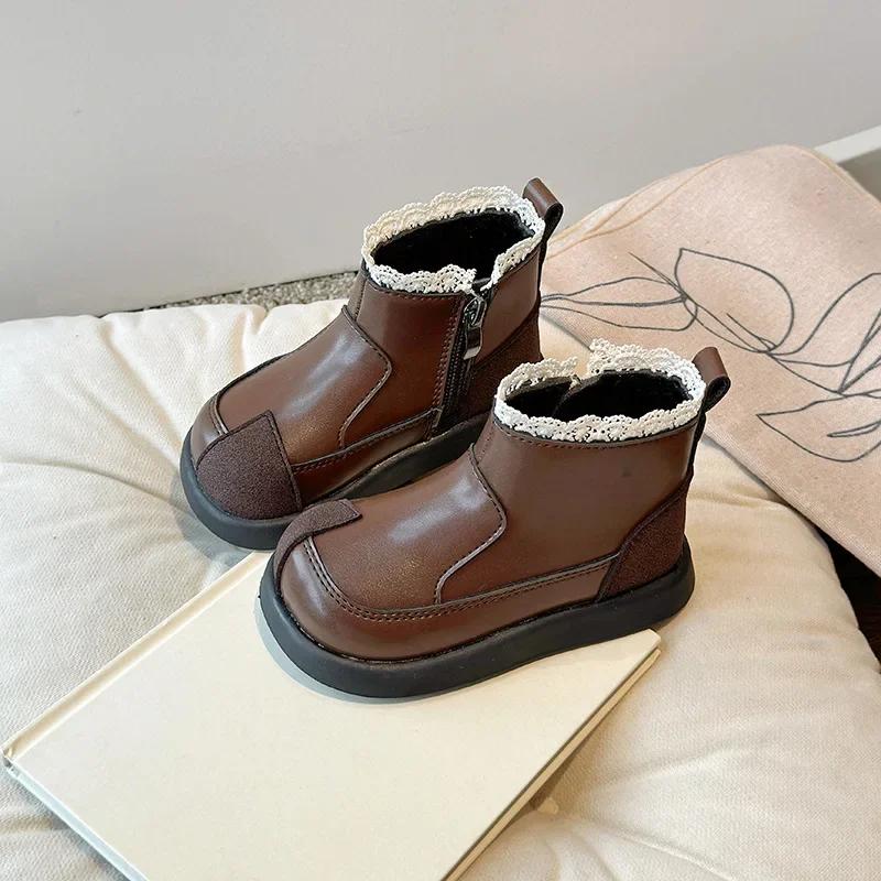 

Детские ботильоны со сладким кружевом, ботинки принцессы для девочек с хлопковой нескользящей подошвой, новинка осени-зимы 2024 года, элегантные детские короткие ботинки 21 коричневый