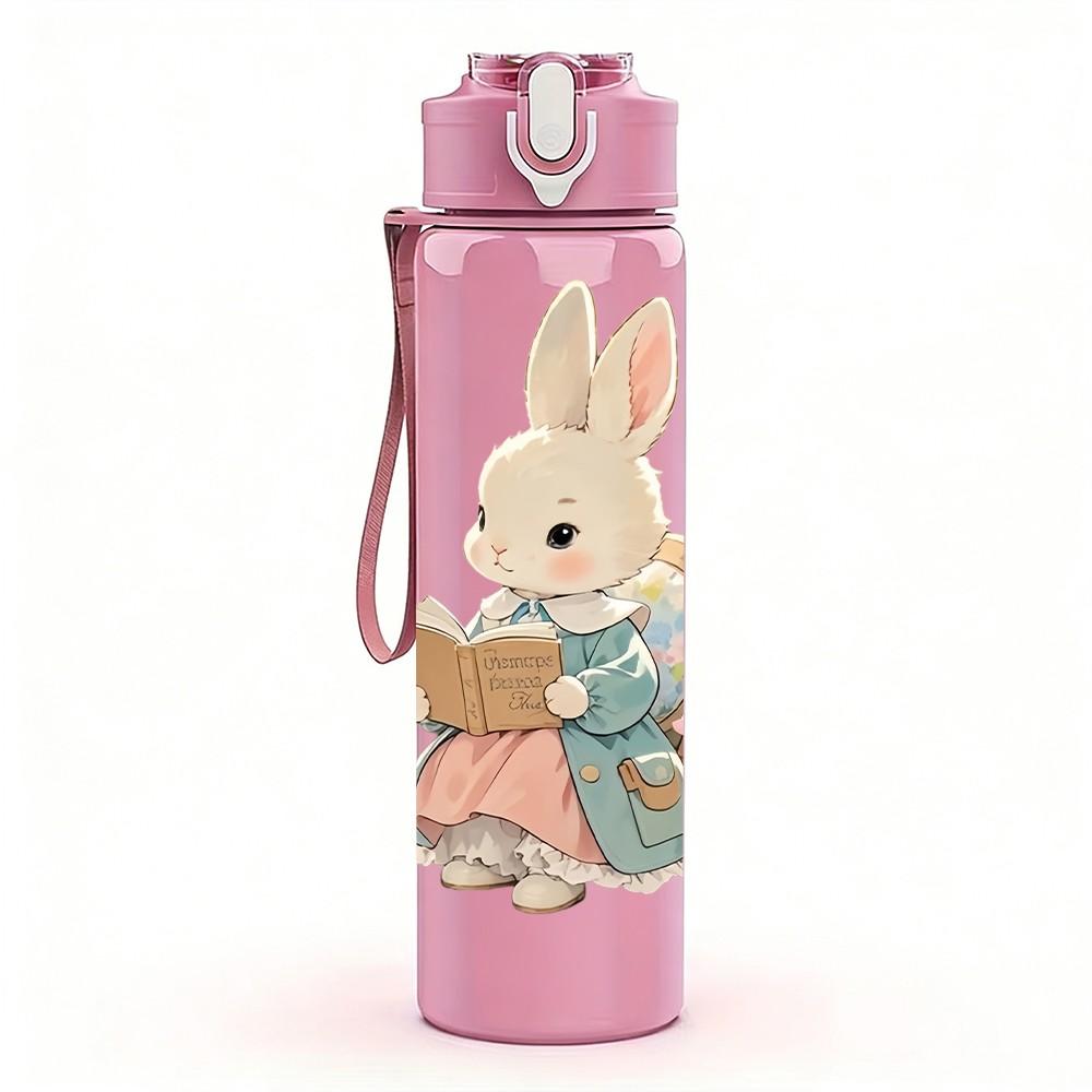 1PC Bunny Doll Soft Cute Cartoon Print 750ml Color Plastic Sports Water Bottle Leakproof Flip Straw Lid Suitable for Sports Office Home Use
