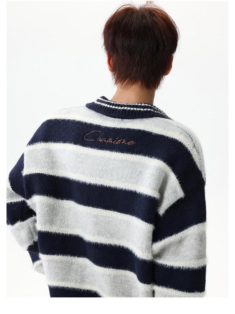 Unisex Retro-gestreifter Pullover mit Kragen - Lässige Winterstrickware