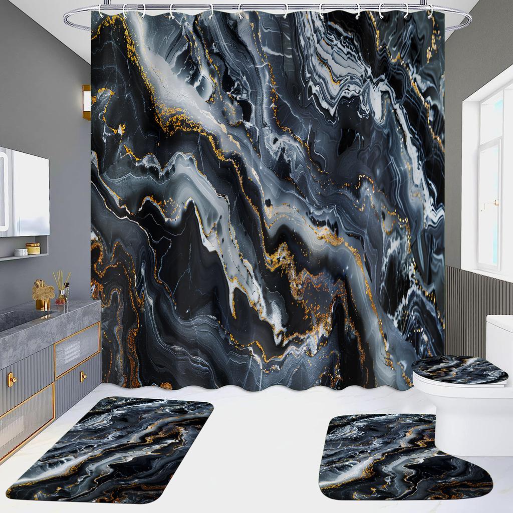 4Pcs Marble Series Shower Curtain Sets for Bathroom Non-Slip Bathroom Rugs Lid Toilet Cover Bath Mat