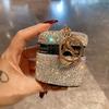 Genuine Leather Mini Pouch with Rhinestones Detachable Chain for Bag Charm Keychain Portable Earphone Case Lipstick Holder