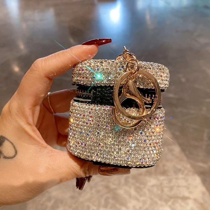 Genuine Leather Mini Pouch with Rhinestones Detachable Chain for Bag Charm Keychain Portable Earphone Case Lipstick Holder