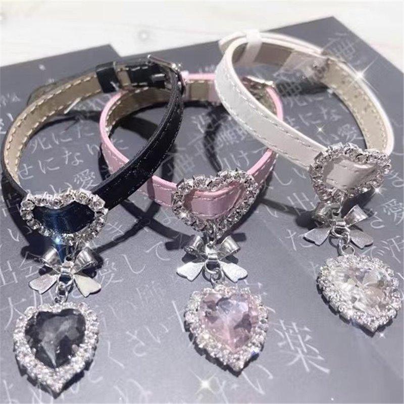 Original Y2k leather bow love rhinestone pendant bracelet subculture cute fashion high sense