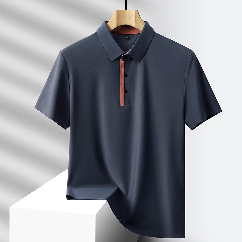 Men's Ice Silk Polo Shirt, Casual Short Sleeve Placket Detail Solid Color Golf Top