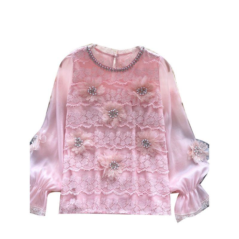 High-Grade Heavy Industry Beads Diamond-Embedded Three-Dimensional Flowers Lace Stitching Long sleeve Shirts Women Western Style All-Matching Top