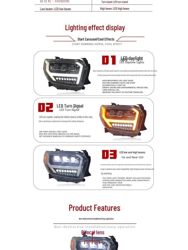 LED Projector Headlight Assembly with Flowing Turn Signals for 2014-2020 Toyota Tundra