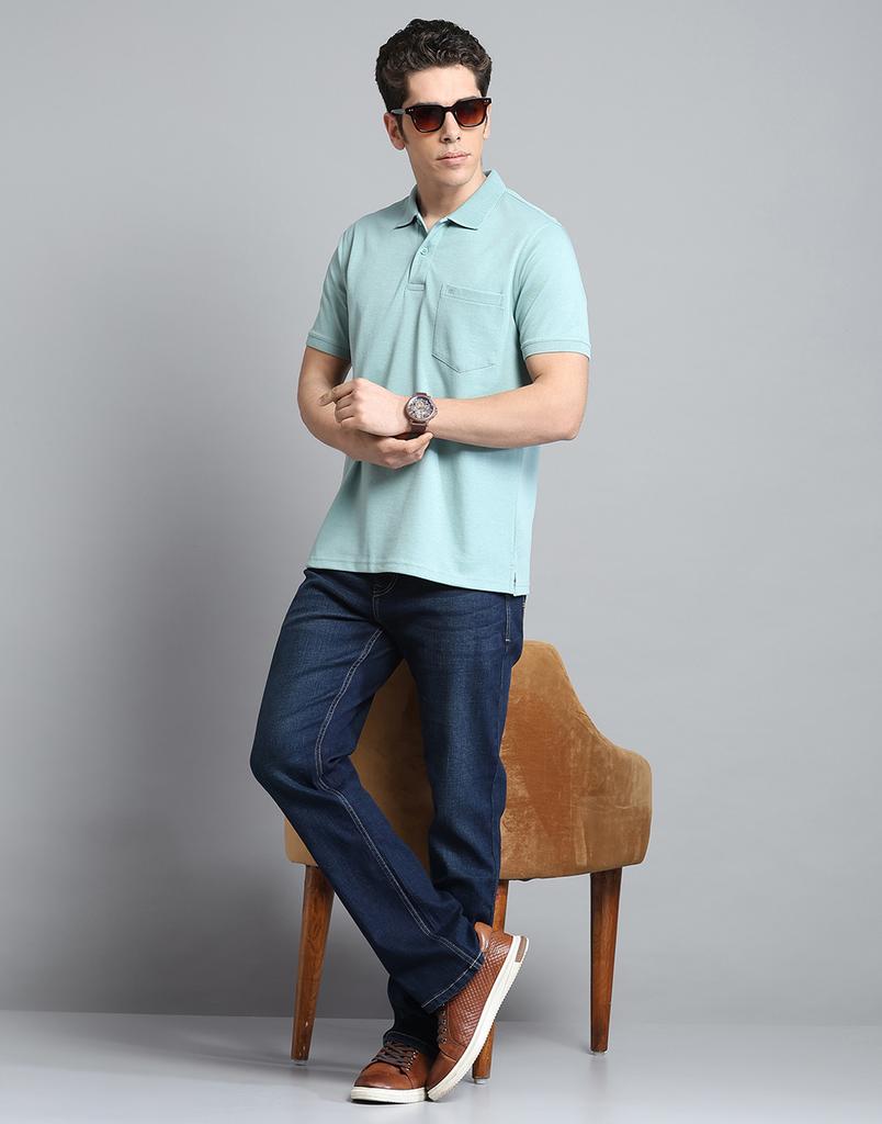 MONTE CARLO Mens Solid Green Collar Neck Half Sleeve T-Shirt