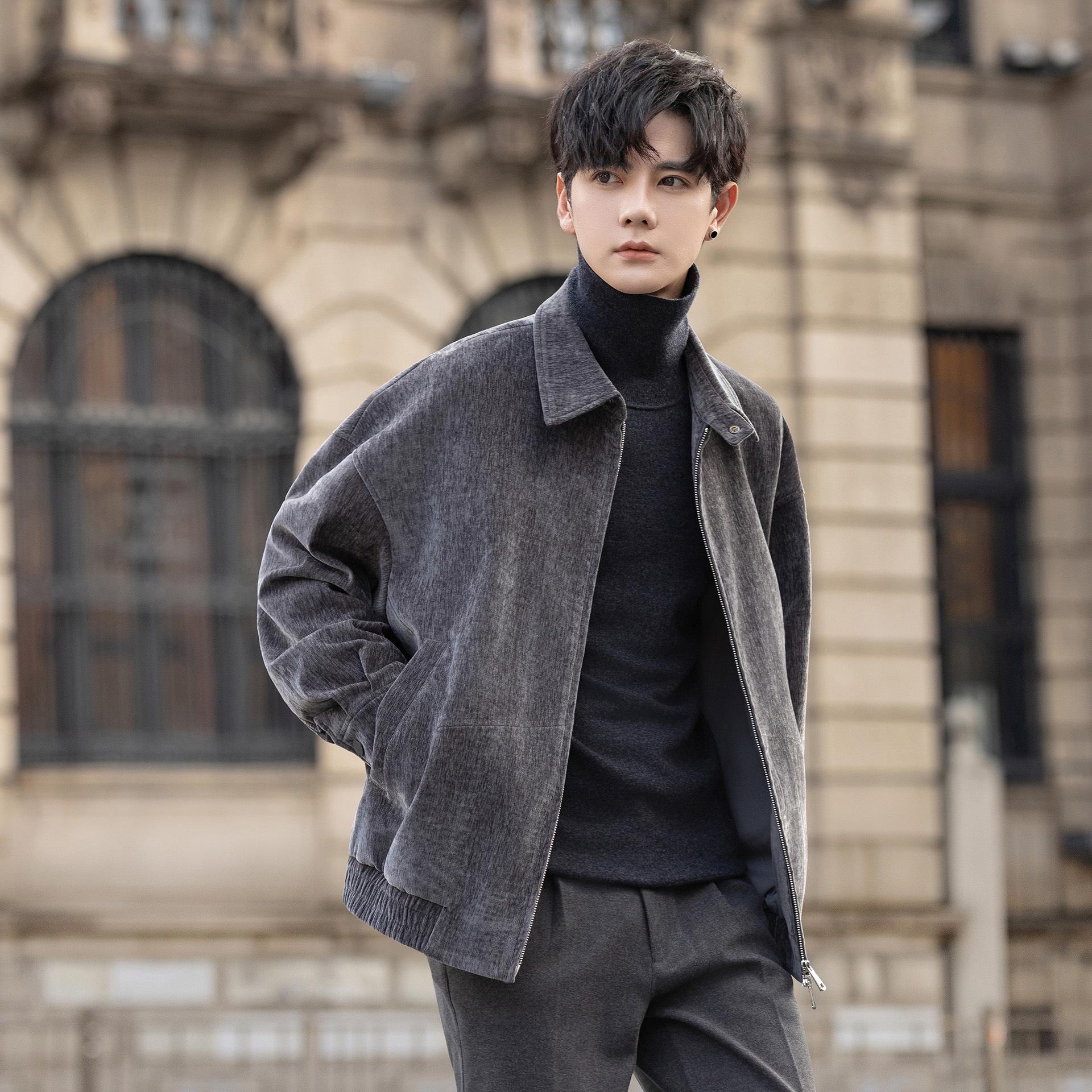 

Men s High-End Chenille Jacket Coat - Casual Lapel Design for Spring and Autumn XL темно-сірий