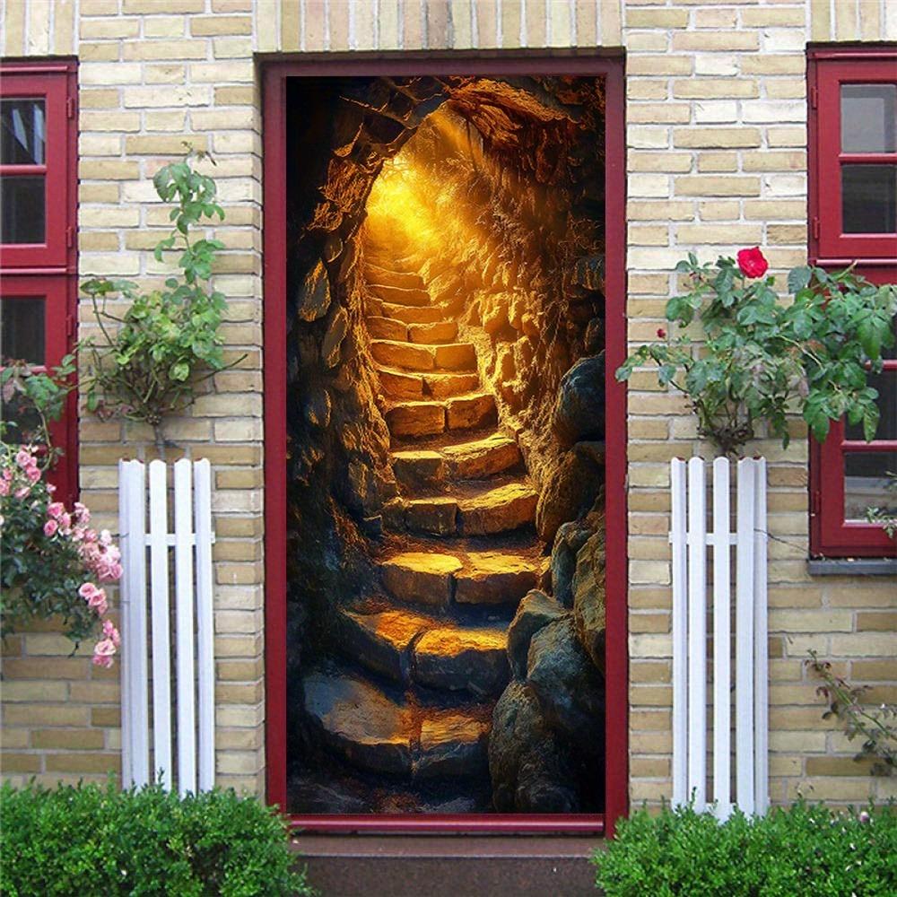 Cave scenery door stickers, suitable for bedrooms, living rooms, and bathrooms; natural landscape wall stickers.