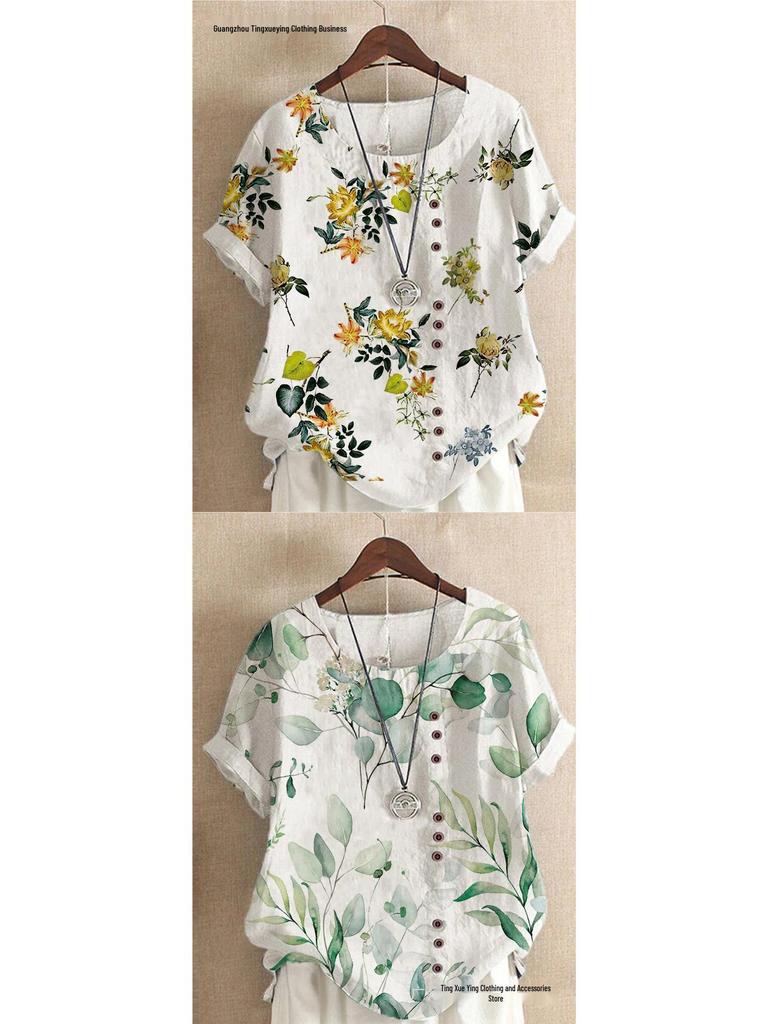Women's Summer Retro Print Loose Cotton-Linen Short Sleeve Casual T-Shirt