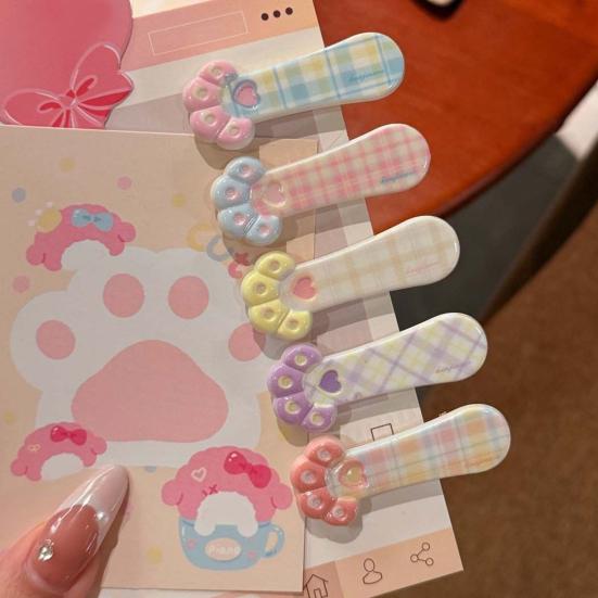 Girl Hairpin Plaid Pattern Cat Paw Shape Hair Clips Stable Clamping Force