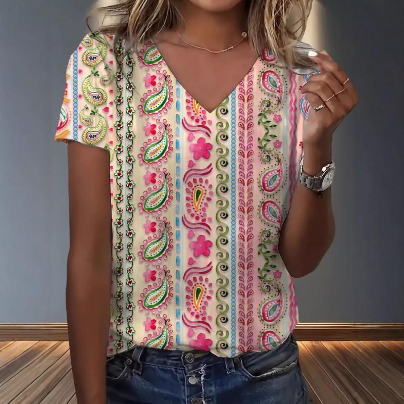 Womens V-Neck Loose Fit Short Sleeve T-Shirt With Colorful Geometric Starry Print Casual Top
