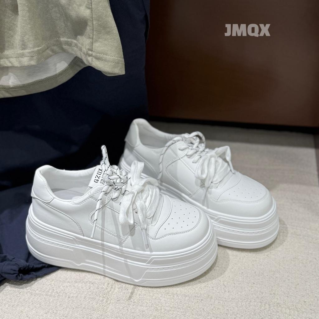 Small height increase muffin shoes women's pair of shoelaces leather little white shoes 2025 autumn new platform sports casual shoes