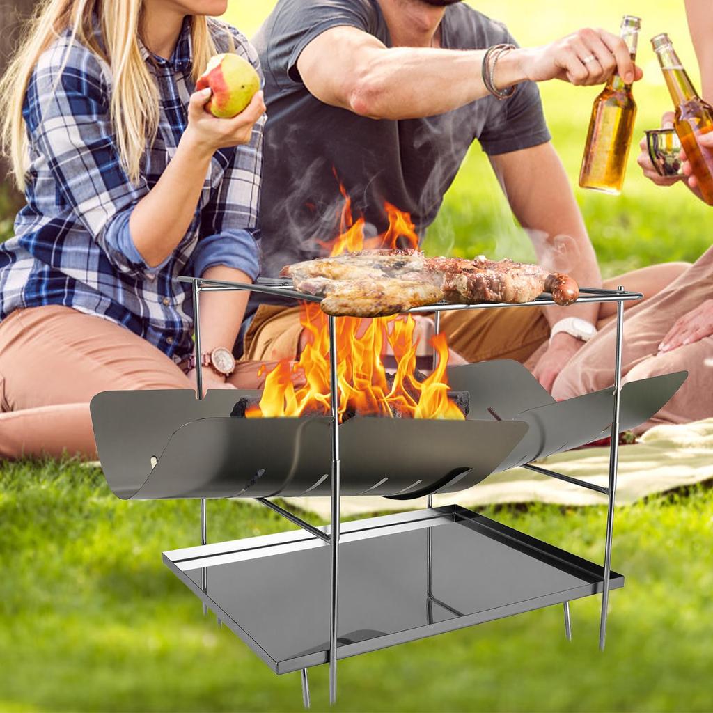Voocye Compact Camping Fire Pit, Solo BBQ, Foldable, Lightweight, Stainless Steel, with Storage Bag
