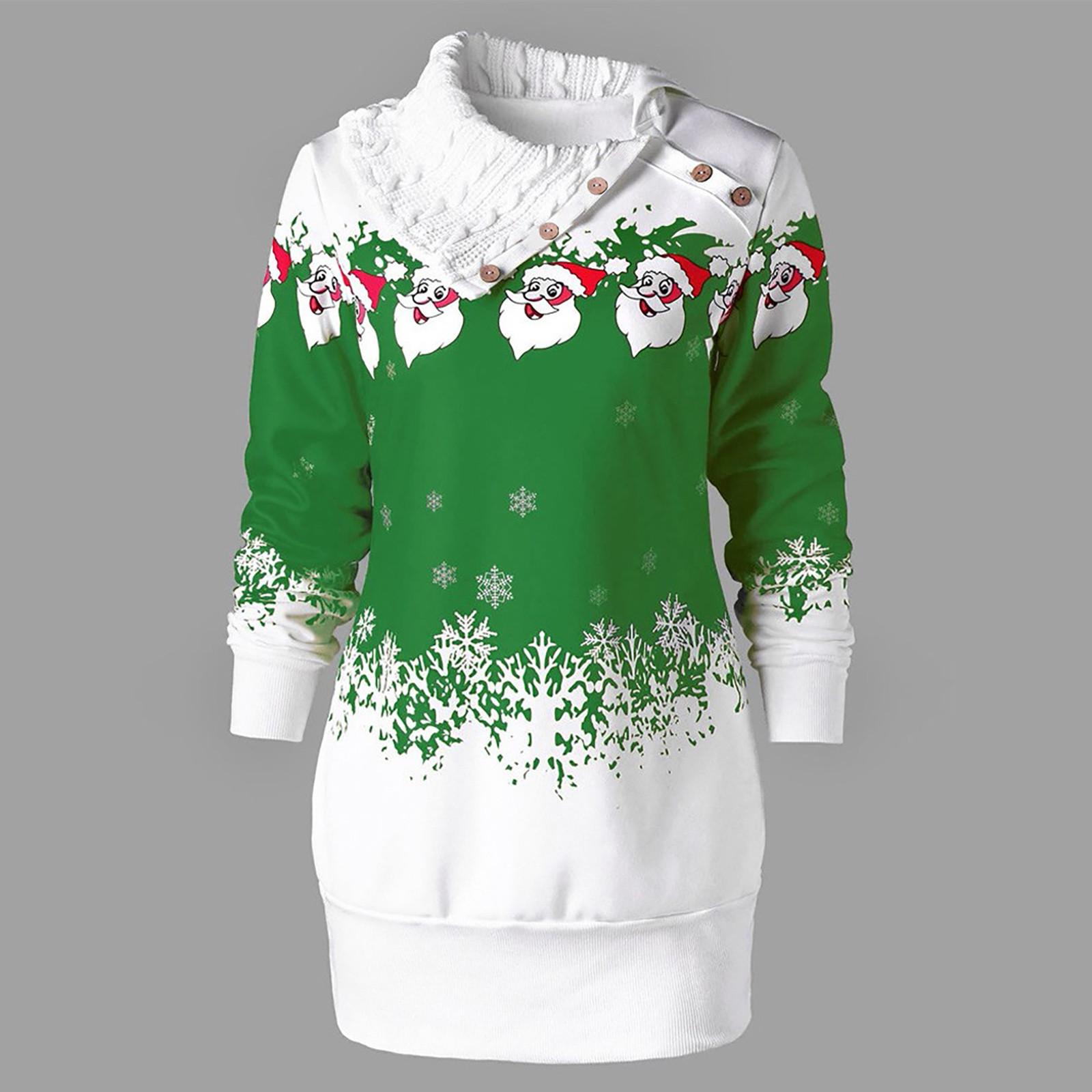 

Женская рождественская туника с принтом снежинок, на пуговицах, длинный свитшот-топ XL зелёный