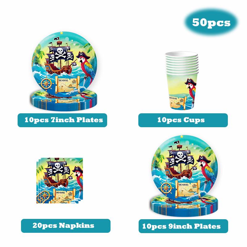 Pirate Birthday Decoration Pirate Party Favors Disposable Party Tableware Tablecloth Paper Plates Cups Balloon Cartoon Decor