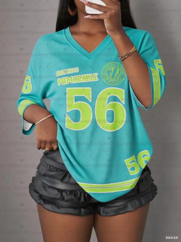 Fashion Women's Sporty Jersey Y2K Quick-dry T-Shirt Letter NO.56 Summer Casual Wear Sports Loose and Comfortable T-shirt Tops