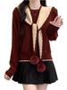 Chic Red Christmas Shawl Sweater for Women - Korean Style Knit Top, Petite Autumn/Winter Fashion