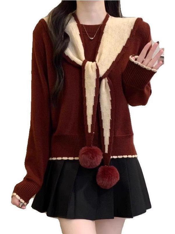 Chic Red Christmas Shawl Sweater for Women - Korean Style Knit Top, Petite Autumn/Winter Fashion