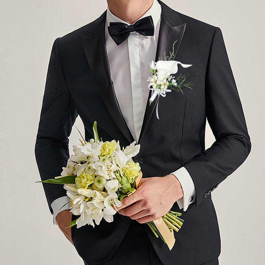 2PCS Wedding Boutonniere Artificial Flowers Bride Groom Corsages for Ceremony Party