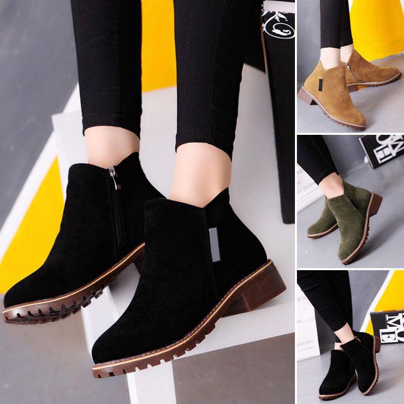 Stylish Womens Winter Ankle Boots Shoes In Faux Suede With Zipper And Low Heel