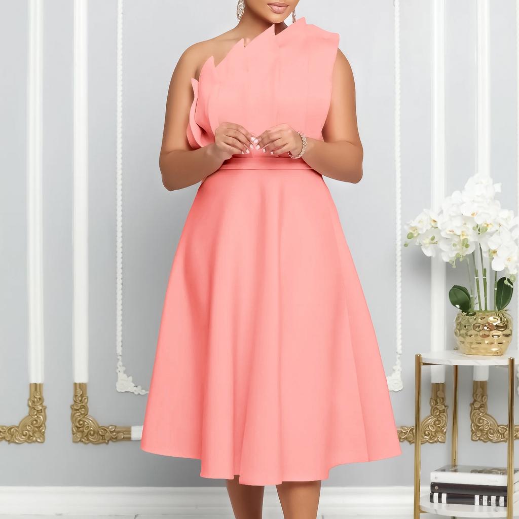 One Shoulder Sleeveless Party Dresses Women Plus Size Xxxl High Waisted A Line Mid Calf Elegant Dress Vestidos Mujer