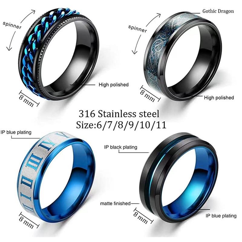 Blue Color Anti Stress Anxiety Fidget Spinner Rings Dragon Pattern Men Ring Matte Roman Numerals Trendy Groove Gifts