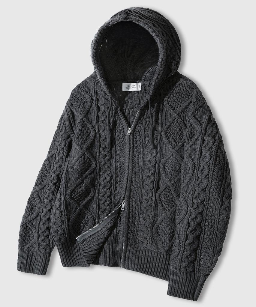 Lemain Second 2Way_Aran Washable Oversized Cable Hooded Zip-Up Knit [Charcoal]
