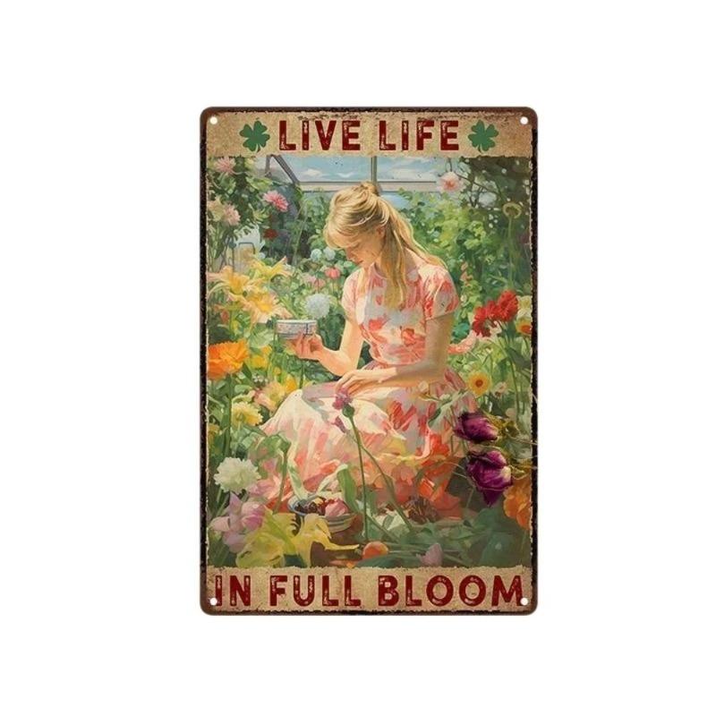 Vintage Metal Sign Live Life In Full Bloom Garden Wall Art Decor 20x30cm